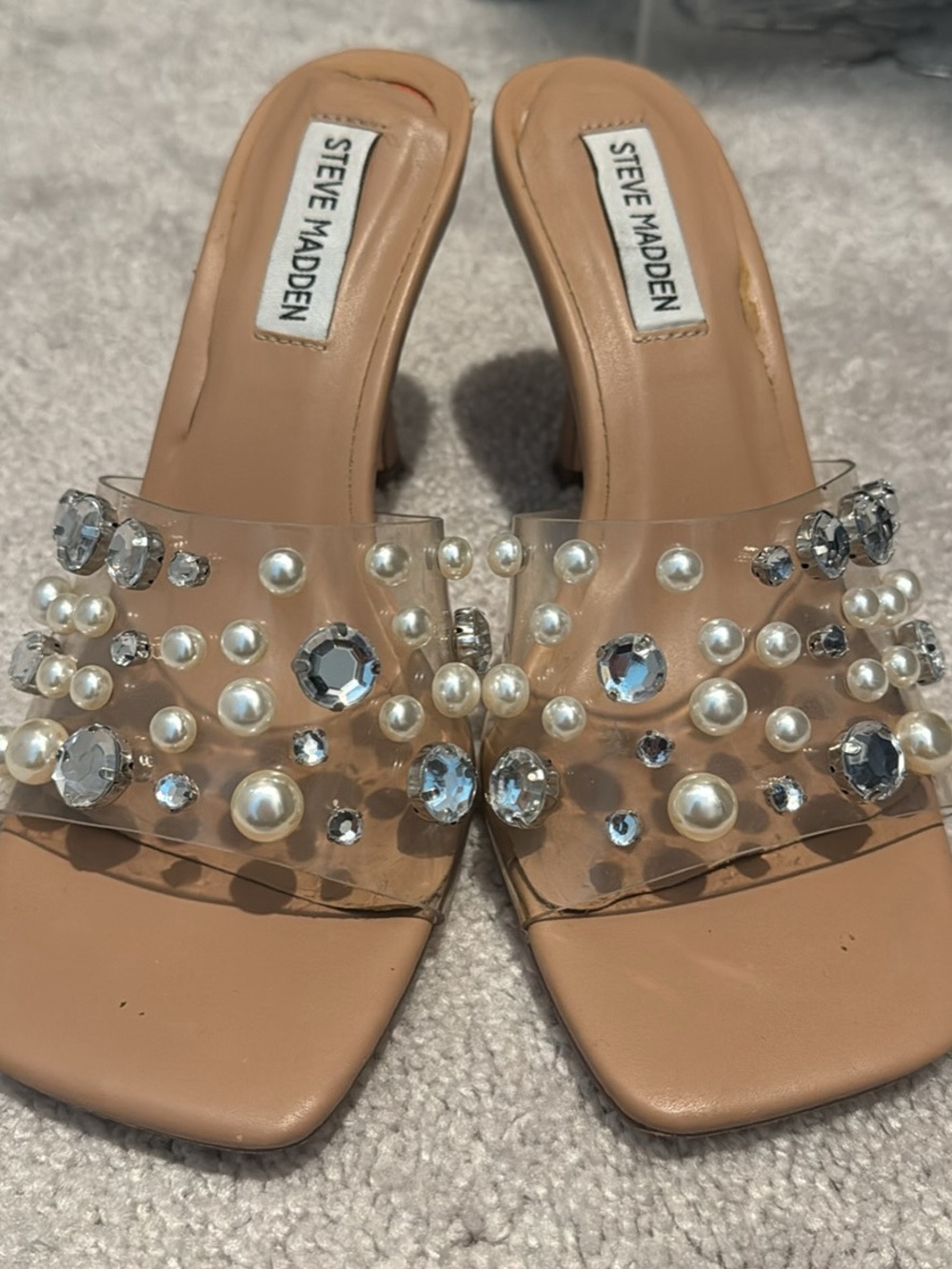 Steve Madden Nude Clear Slide Sandals with Pearls & Crystals
